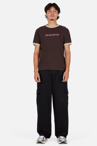 Dime Spaced Ringer Tee in Brown — 100% cotton with set-in sleeves, contrast neck and sleeve ribs, and embroidered Dime logo at center front