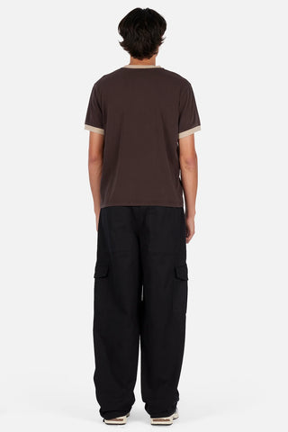 Dime Spaced Ringer Tee in Brown — 100% cotton with set-in sleeves, contrast neck and sleeve ribs, and embroidered Dime logo at center front