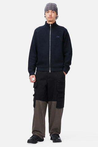 Front view of Dime Knitted Pique Zip Sweater in Dark Navy with a two-way silver zipper, raglan sleeves, and subtle left-chest logo