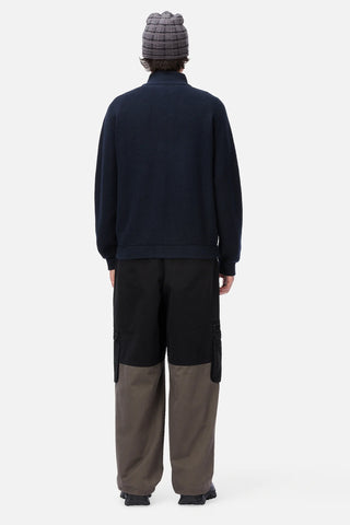 Front view of Dime Knitted Pique Zip Sweater in Dark Navy with a two-way silver zipper, raglan sleeves, and subtle left-chest logo
