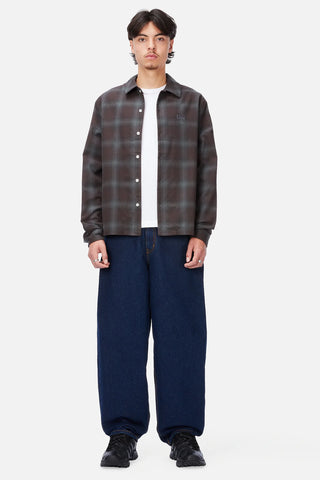 Front view of Dime Premium Flannel Shirt in Bordeaux with dark plaid, a button front, pointed collar, and embroidered Dime logo at the left chest