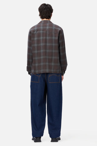 Front view of Dime Premium Flannel Shirt in Bordeaux with dark plaid, a button front, pointed collar, and embroidered Dime logo at the left chest