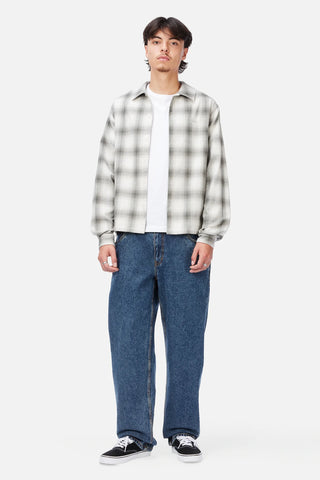 Front view of Dime Premium Flannel Shirt in Light Grey with grey-and-white plaid, a button front, pointed collar, and long sleeves