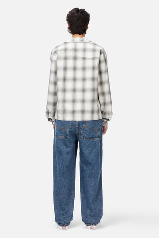Front view of Dime Premium Flannel Shirt in Light Grey with grey-and-white plaid, a button front, pointed collar, and long sleeves