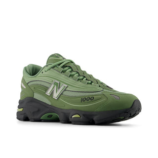 New Balance 1000 sneakers in Utility Green and Oregano colorway with inverted mesh underlays and suede overlays