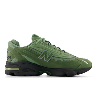 New Balance 1000 sneakers in Utility Green and Oregano colorway with inverted mesh underlays and suede overlays