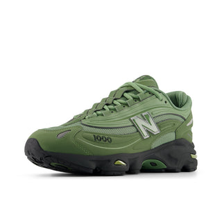 New Balance 1000 sneakers in Utility Green and Oregano colorway with inverted mesh underlays and suede overlays