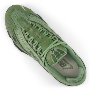 New Balance 1000 sneakers in Utility Green and Oregano colorway with inverted mesh underlays and suede overlays
