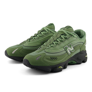 New Balance 1000 sneakers in Utility Green and Oregano colorway with inverted mesh underlays and suede overlays