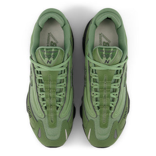 New Balance 1000 sneakers in Utility Green and Oregano colorway with inverted mesh underlays and suede overlays