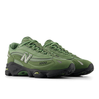 New Balance 1000 sneakers in Utility Green and Oregano colorway with inverted mesh underlays and suede overlays
