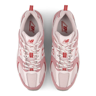 New Balance 530 sneakers in Rosewood and Pink Salt colorway with retro styling and ABZORB cushioning