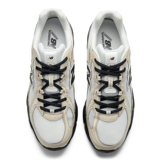 New Balance 740 sneakers in Timberwolf and White colorway with mesh and leather-look construction and ABZORB technology