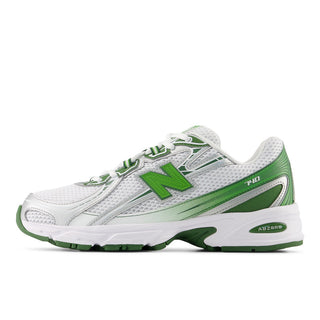 New Balance 740 in White/Alpine Green with mesh upper, ABZORB cushioning, and reflective accents.