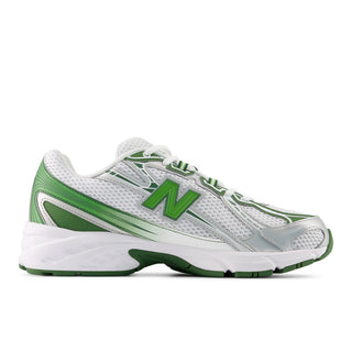 New Balance 740 in White/Alpine Green with mesh upper, ABZORB cushioning, and reflective accents.