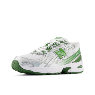 New Balance 740 in White/Alpine Green with mesh upper, ABZORB cushioning, and reflective accents.