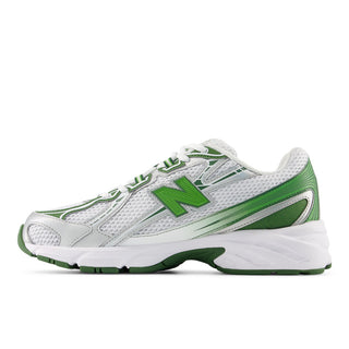New Balance 740 in White/Alpine Green with mesh upper, ABZORB cushioning, and reflective accents.