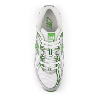 New Balance 740 in White/Alpine Green with mesh upper, ABZORB cushioning, and reflective accents.