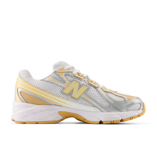 New Balance 740 in white/indoor court with mesh upper, ABZORB cushioning, and reflective detailing.