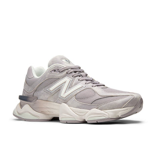 New Balance 9060 sneakers in Truffle Salt/Sea Salt colorway, premium mesh and pigskin suede upper with dual-density ABZORB midsole, 990-inspired design with pod midsole and translucent CR heel detail
