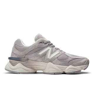 New Balance 9060 sneakers in Truffle Salt/Sea Salt colorway, premium mesh and pigskin suede upper with dual-density ABZORB midsole, 990-inspired design with pod midsole and translucent CR heel detail