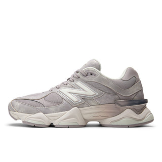 New Balance 9060 sneakers in Truffle Salt/Sea Salt colorway, premium mesh and pigskin suede upper with dual-density ABZORB midsole, 990-inspired design with pod midsole and translucent CR heel detail