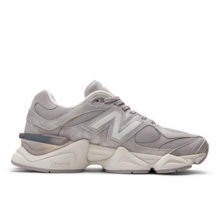 New Balance 9060 sneakers in Truffle Salt/Sea Salt colorway, premium mesh and pigskin suede upper with dual-density ABZORB midsole, 990-inspired design with pod midsole and translucent CR heel detail