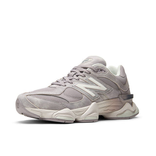 New Balance 9060 sneakers in Truffle Salt/Sea Salt colorway, premium mesh and pigskin suede upper with dual-density ABZORB midsole, 990-inspired design with pod midsole and translucent CR heel detail