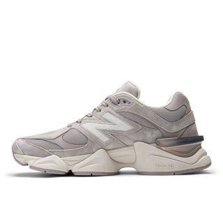 New Balance 9060 sneakers in Truffle Salt/Sea Salt colorway, premium mesh and pigskin suede upper with dual-density ABZORB midsole, 990-inspired design with pod midsole and translucent CR heel detail