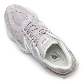 New Balance 9060 sneakers in Truffle Salt/Sea Salt colorway, premium mesh and pigskin suede upper with dual-density ABZORB midsole, 990-inspired design with pod midsole and translucent CR heel detail