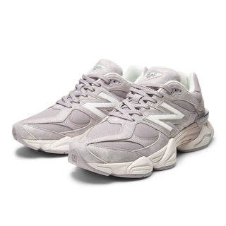 New Balance 9060 sneakers in Truffle Salt/Sea Salt colorway, premium mesh and pigskin suede upper with dual-density ABZORB midsole, 990-inspired design with pod midsole and translucent CR heel detail