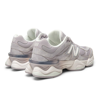 New Balance 9060 sneakers in Truffle Salt/Sea Salt colorway, premium mesh and pigskin suede upper with dual-density ABZORB midsole, 990-inspired design with pod midsole and translucent CR heel detail