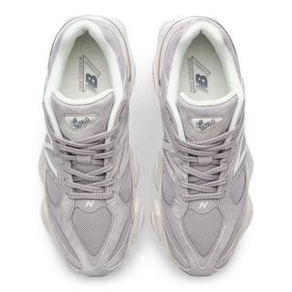New Balance 9060 sneakers in Truffle Salt/Sea Salt colorway, premium mesh and pigskin suede upper with dual-density ABZORB midsole, 990-inspired design with pod midsole and translucent CR heel detail