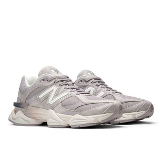 New Balance 9060 sneakers in Truffle Salt/Sea Salt colorway, premium mesh and pigskin suede upper with dual-density ABZORB midsole, 990-inspired design with pod midsole and translucent CR heel detail