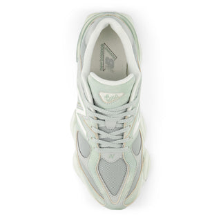 New Balance 9060 sneakers in green and sea salt colorway with mesh upper, pigskin suede overlays, dual-density ABZORB cushioning, and 990-inspired design