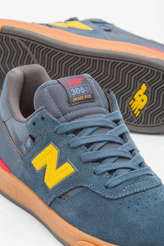 New Balance Numeric Jamie Foy 306 Cup in Shadow Blue/Mars Yellow — Jamie Foy signature cupsole skate shoe with suede and mesh upper, hidden toe protection, molded EVA insole, and gum rubber outsole