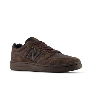 New Balance Numeric 480 skate shoes in Chocolate/Chocolate colorway with heritage hoops styling and FuelCell cushioning