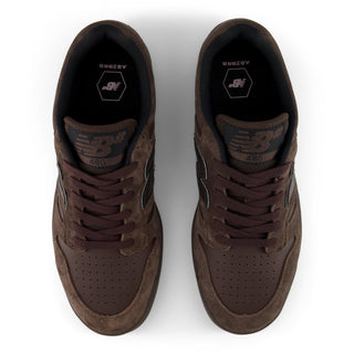 New Balance Numeric 480 skate shoes in Chocolate/Chocolate colorway with heritage hoops styling and FuelCell cushioning