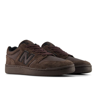 New Balance Numeric 480 skate shoes in Chocolate/Chocolate colorway with heritage hoops styling and FuelCell cushioning