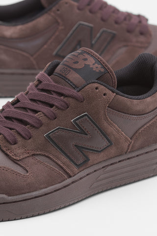 New Balance Numeric 480 skate shoes in Chocolate/Chocolate colorway with heritage hoops styling and FuelCell cushioning