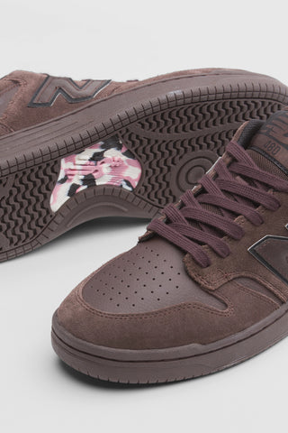 New Balance Numeric 480 skate shoes in Chocolate/Chocolate colorway with heritage hoops styling and FuelCell cushioning