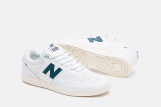 New Balance Numeric Brandon Westgate 508 skate shoes in white and medusa green colorway with lightweight suede and mesh upper, classic cup sole, and reflective details