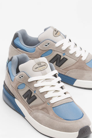 New Balance Numeric Andrew Reynolds 933 skate shoes in mushroom and stillwater colorway with premium suede and mesh upper, ABZORB cushioning, and heritage running-inspired design