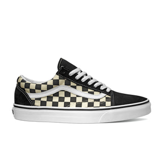 Vans Primary Check Old Skool Shoe in Black/White, durable construction, iconic checkerboard design, rubber waffle outsoles.