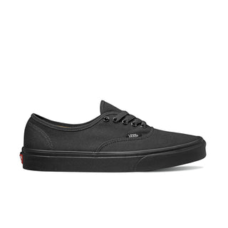 Vans Authentic Shoe in Black/Black, featuring a low-top, lace-up design, sturdy canvas uppers, and signature waffle outsoles.
