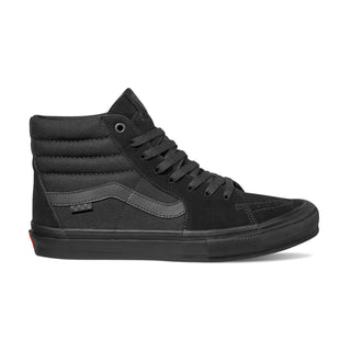 Vans Skate Sk8-Hi Shoe in Black/Black, featuring durable suede, canvas uppers, SickStick grip, and PopCush cushioning.