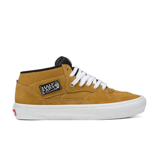 Vans Skate Half Cab shoe in Gold with suede, canvas uppers, and enhanced features for skateboarding.