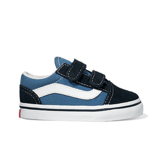 Vans Toddler Old Skool V Shoe in Navy, featuring double hook-and-loop closures and durable construction.