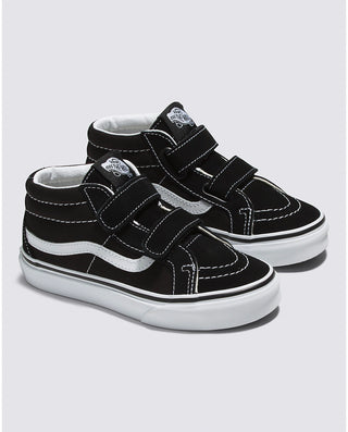 Vans Kids Sk8-Mid Reissue V Shoe in Black/True White, mid-top, double hook-and-loop closures, durable and stylish.