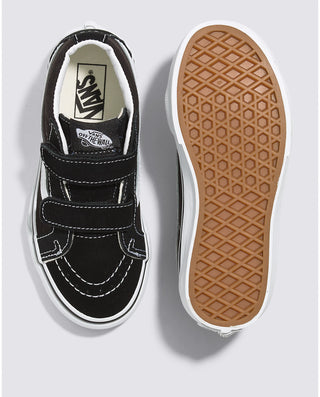 Vans Kids Sk8-Mid Reissue V Shoe in Black/True White, mid-top, double hook-and-loop closures, durable and stylish.
